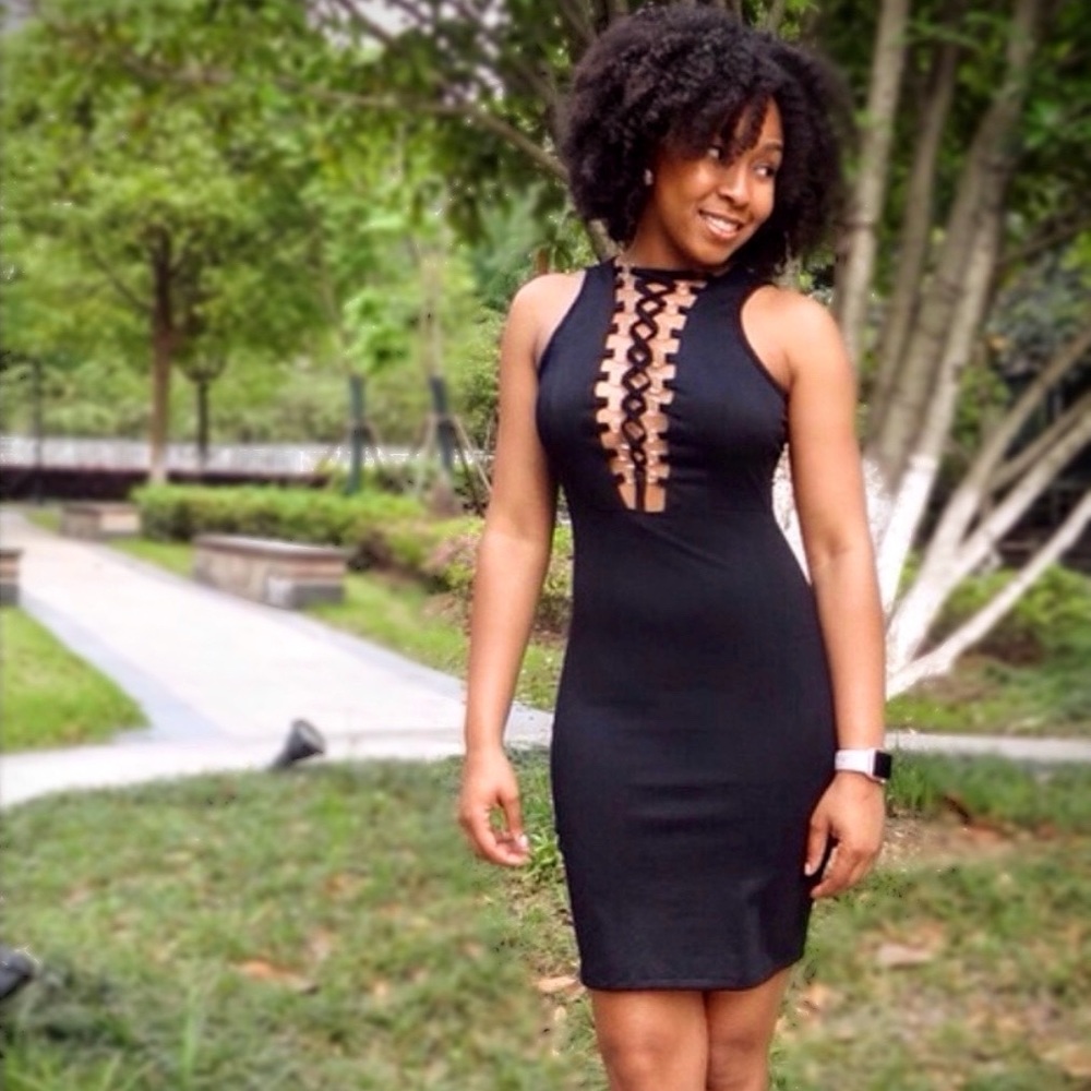 Black Lattice Lace Up Tie Up Dress